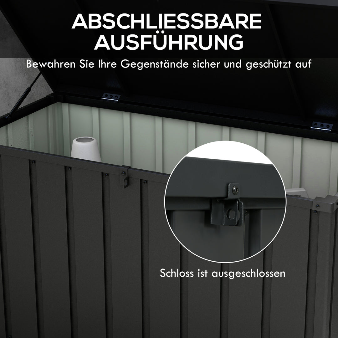 Opbevaringskasse, havekasse, 450L opbevaringsplads, 2 hjul, stålramme, 125x61x70 cm, mørkegrå