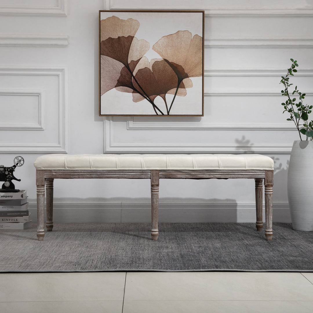 Polstret bænk vintage sengebænk med knapper velour touch gummitræ beige 142 x 47 x 51 cm