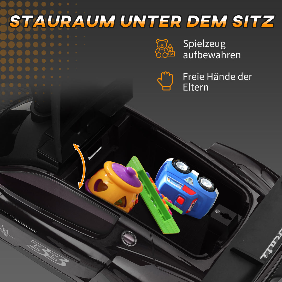 Kørebil, maserati, opbevaringsplads, horn og musik, hviskende dæk, til 1,5 til 5 år, op til 25 kg, sort