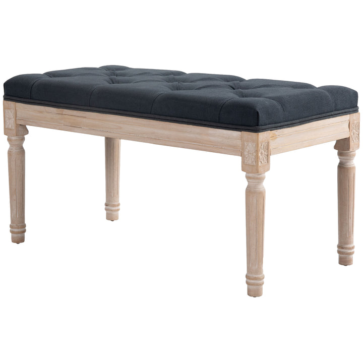 Vintage design bænk med knapsøm og drejede ben, shabby chic, mørkegrå