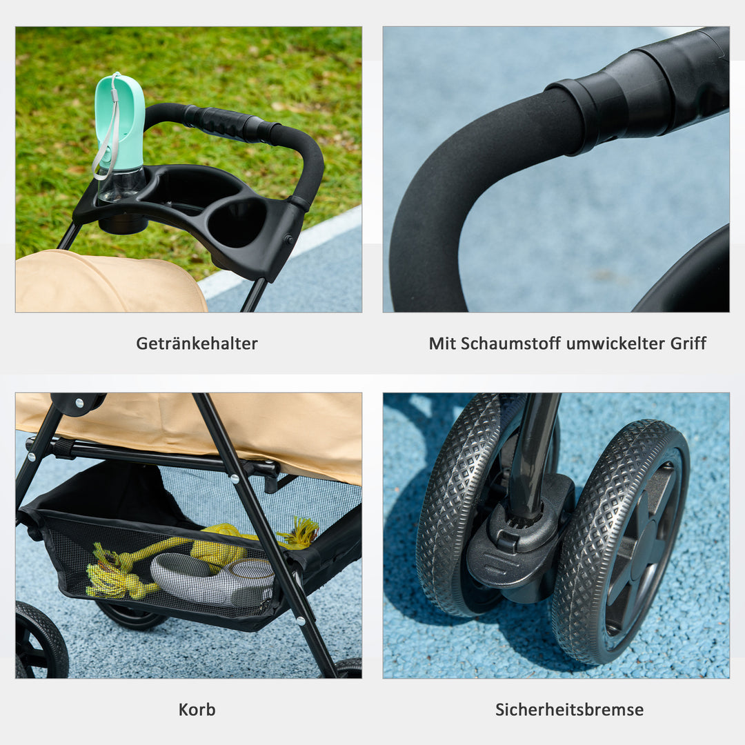 Hundeklapvogn, sammenklappelig, 2 sikkerhedsliner, 2 kopholdere, 67 x 45 x 96 cm, khaki