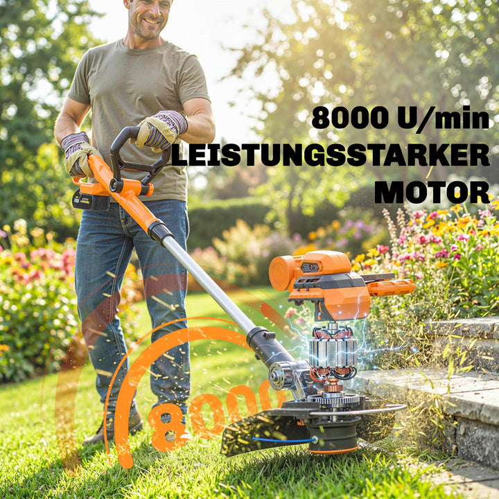 21V batteridrevet græstrimmer/buskrydder med 2 x 4,0 Ah batterier, oplader, 25 cm klippebredde, justerbart teleskophåndtag