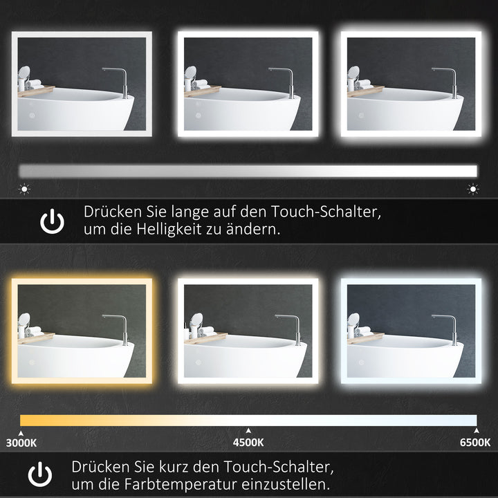 Badeværelsesspejl, baggrundsbelyst, touchfunktion, hukommelsesfunktion, dugfri, 70 x 50 cm