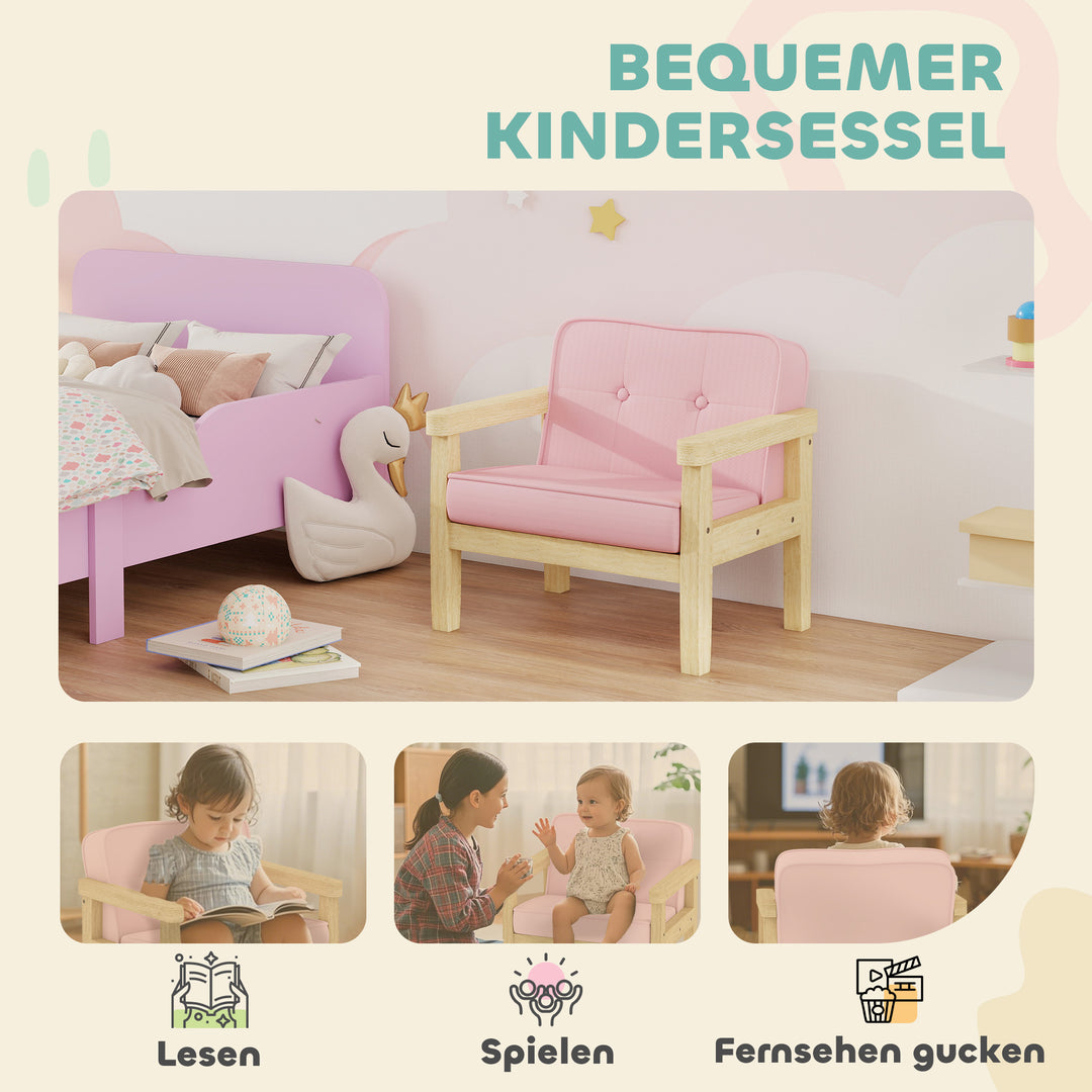 Børnelænestol/sofa med fløjlslook, ben i massivt træ, skumhynde, børnestol til børneværelse/legerum, 46,5 x 44 x 45 cm, til børn 3-8 år, pink