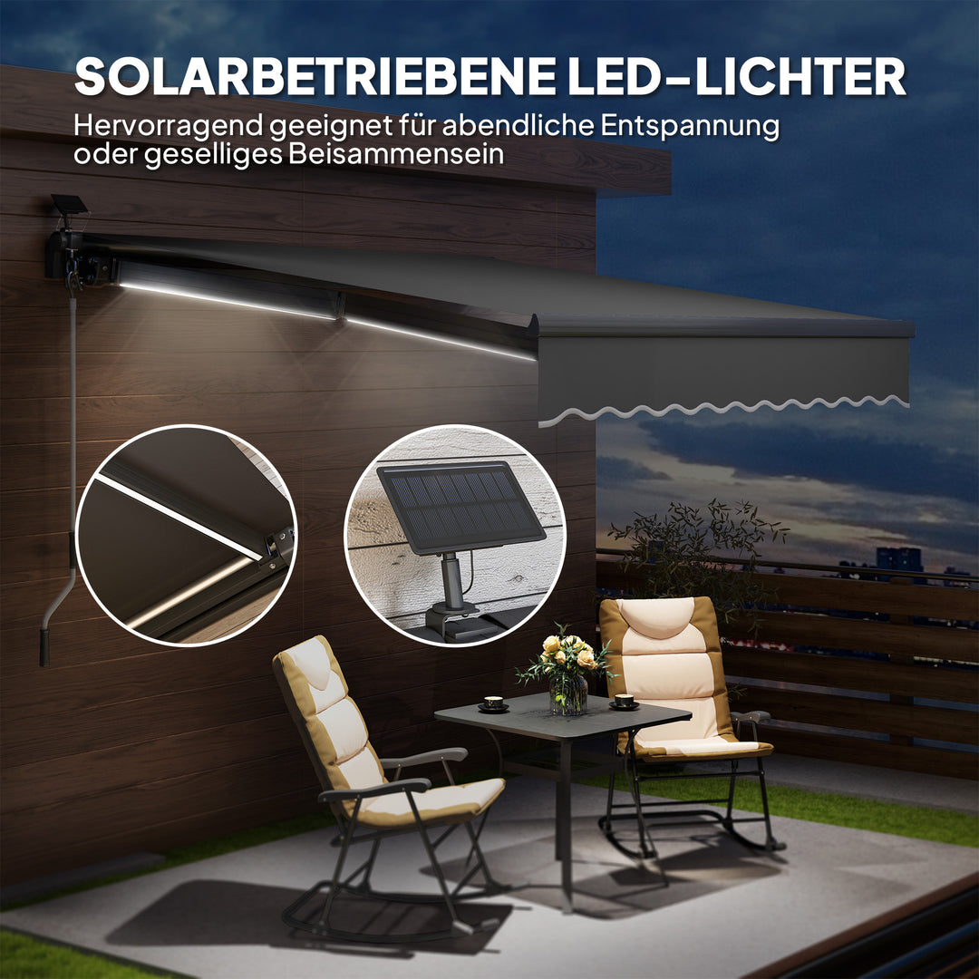Klemmemarkise med håndsving solcellelampe leddelt armmarkise markise solbeskyttelse uv 50+ 300 cm bred grå