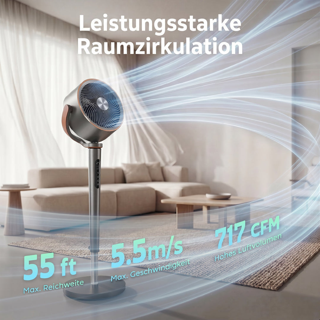 Sokkelventilator, luftcirkulator, ventilator med 12 hastighedsindstillinger, LED-display, fjernbetjening, 70°+90° oscillation, grå