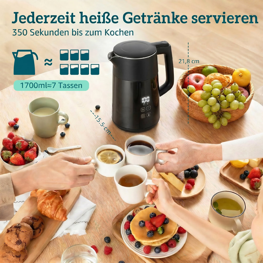 Elkedel, 1,7L, hurtigkogende, 2200W, med LED-display, varmholdningsfunktion, tørkogningsbeskyttelse, PTFE-fri