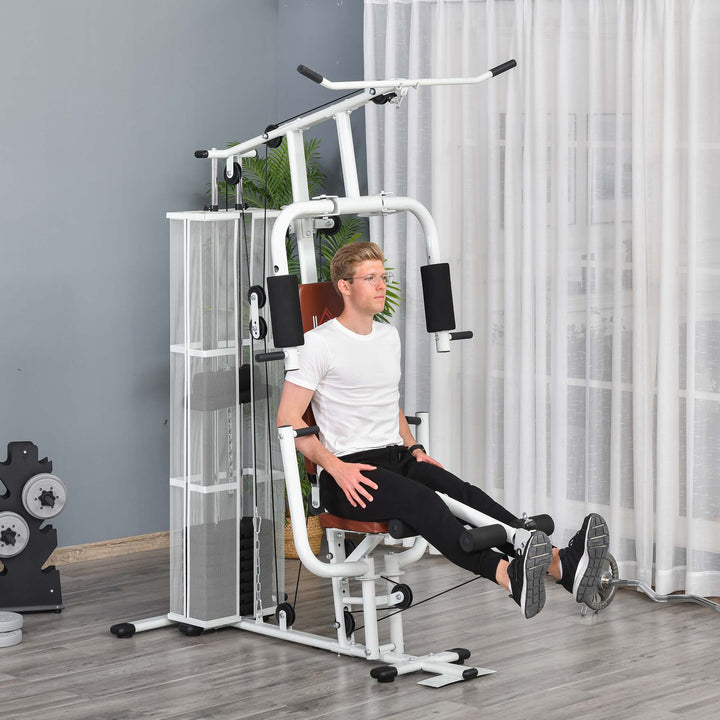 Fitnesscenter, multigym, fitnesscenter, fitnessudstyr inklusive vægte, lat pulldown, benbøjning, metal, PU-læder, hvid, 150 x 110 x 210 cm