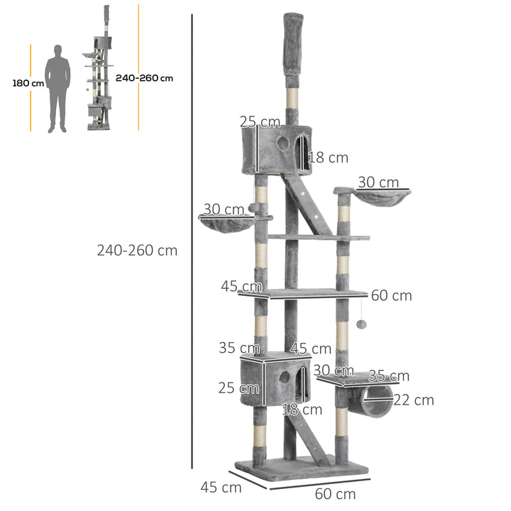 Kradsetræ til katte 240-260 cm loftshøjde, stort kradsetræ, klatretræ til store katte med sisalreb, lysegrå