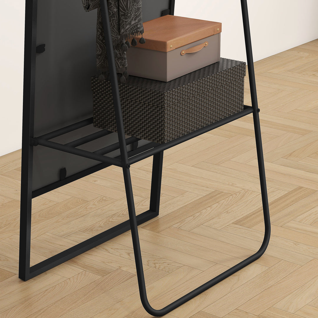 Helfigursspejl, industridesign, baghylde, 2 knager, metalramme, til soveværelse, 157 x 50 cm, sort