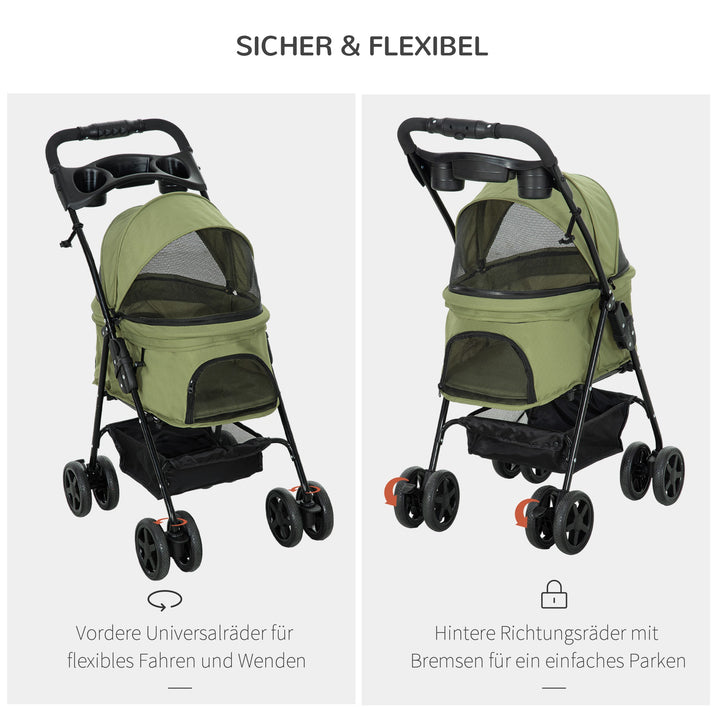 Hundeklapvogn/hundevogn, foldbar, med 2 sikkerhedssnore og 2 kopholdere, 67 x 45 x 96 cm, khaki