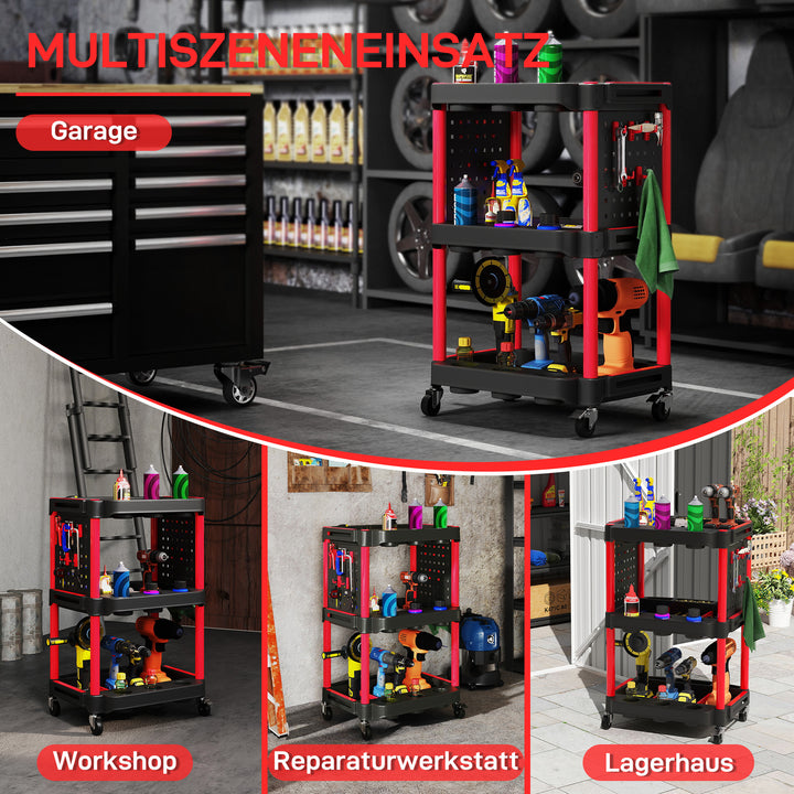 Værktøjsvogn, hylder i tre etager, 4 hjul, plast, 10 kroge, rød