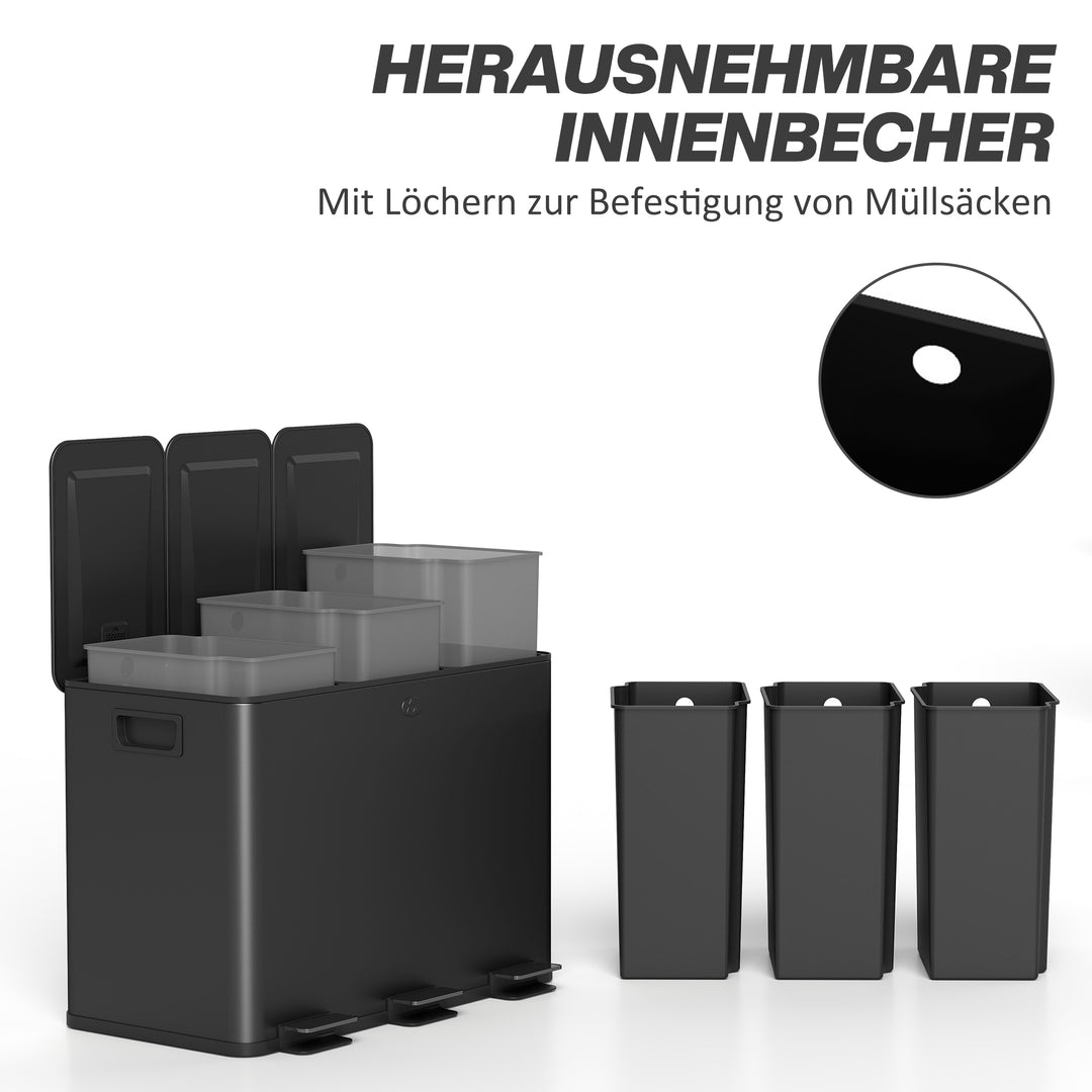 Skraldespand med 3 x 20 L rum, deodorantlåg, fingeraftrykssikker, softclose, aftagelig, sort
