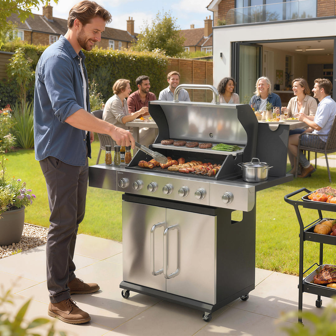 Gasgrill 18,6 KW 6+1 brænder BBQ grillvogn lavet af rustfrit stål inkl. hjul, termometer, varmerist, sidebord, underskab