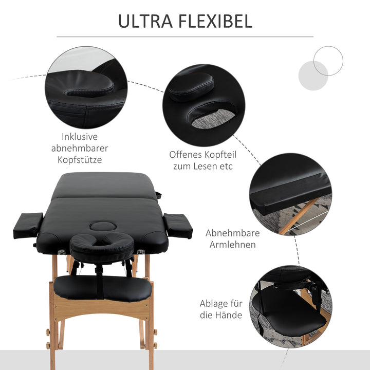 Massagebriks, foldbar massagesofa, højdejusterbar massagebænk til spa, salon, kunstlæder, træ, sort