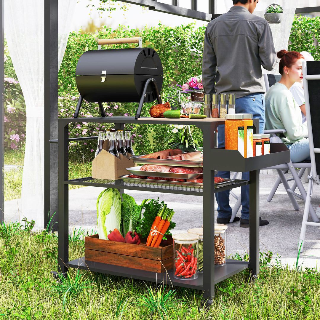 Udendørs køkkenø, grillvogn med opbevaringshylde, håndtag, 4 hjul, køkkenvogn, terrasse, have, metal, sort