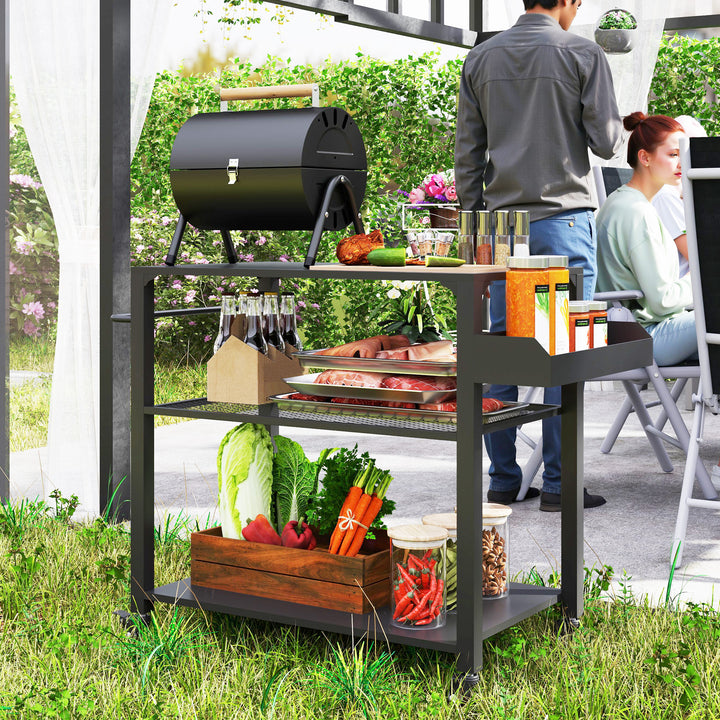 Udendørs køkkenø, grillvogn med opbevaringshylde, håndtag, 4 hjul, køkkenvogn, terrasse, have, metal, sort