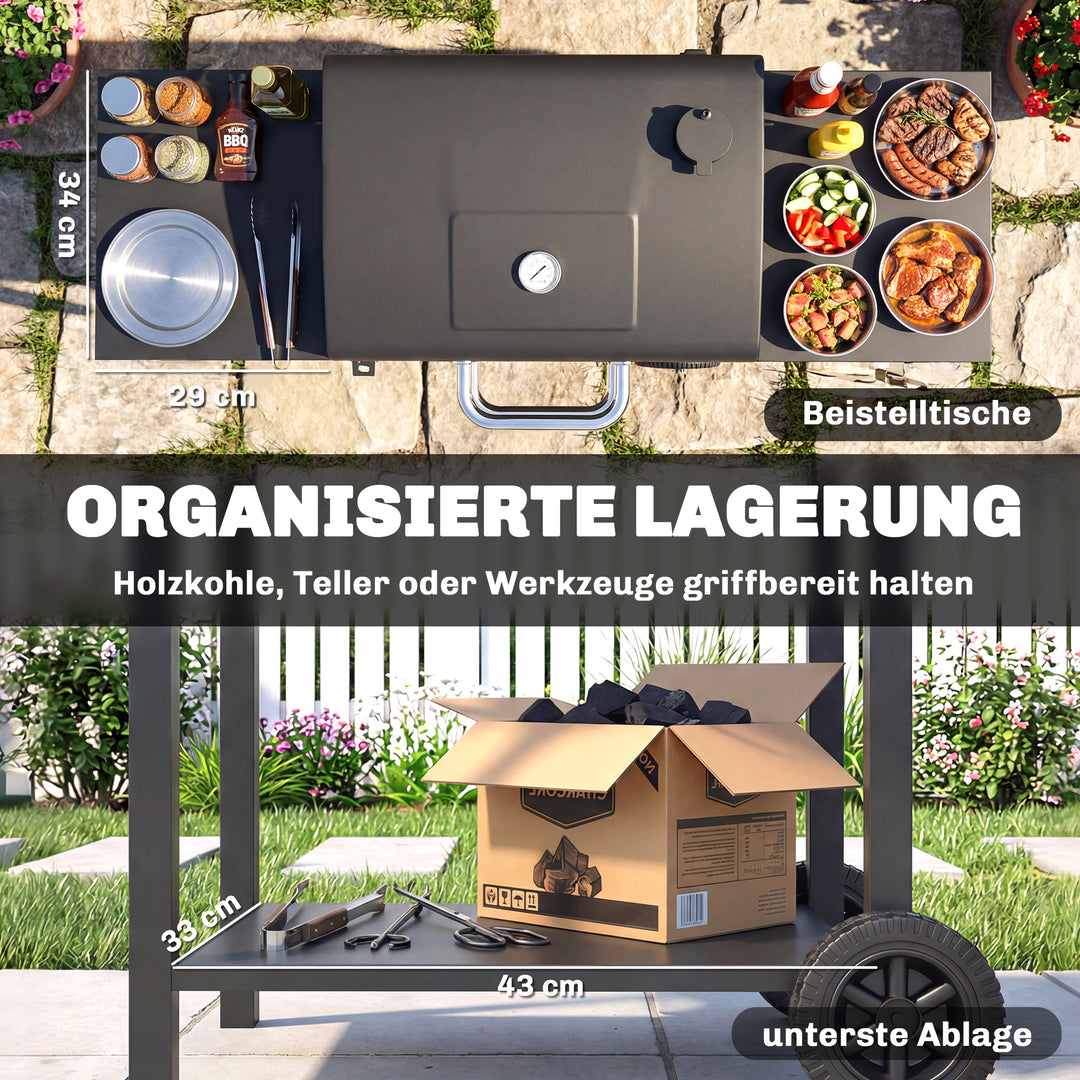 Kulgrill med låg, BBQ-røgergrill med 2 sideborde, stor grilloverflade, grillrist, termometer, hjul