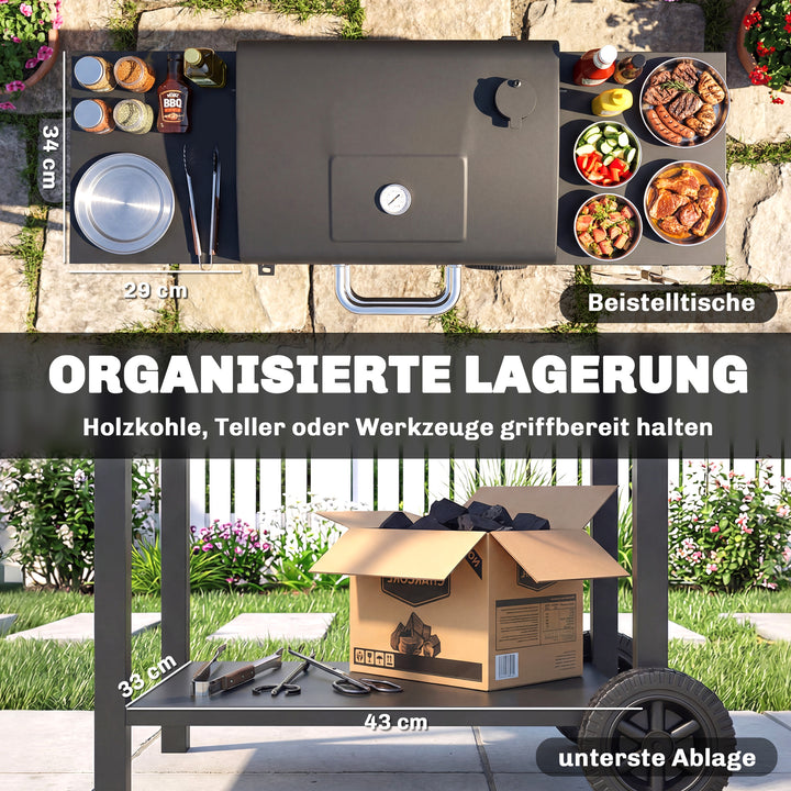 Kulgrill med låg, BBQ-røgergrill med 2 sideborde, stor grilloverflade, grillrist, termometer, hjul