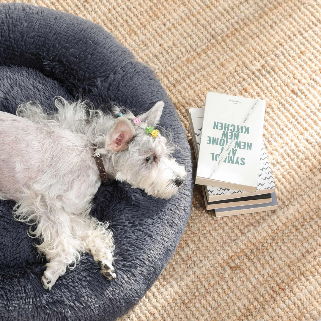 Hundeseng, donut-katteseng, blød og beroligende dyreseng med aftageligt, vaskbart betræk, blødt langt plys, 60 cm, mørkegrå
