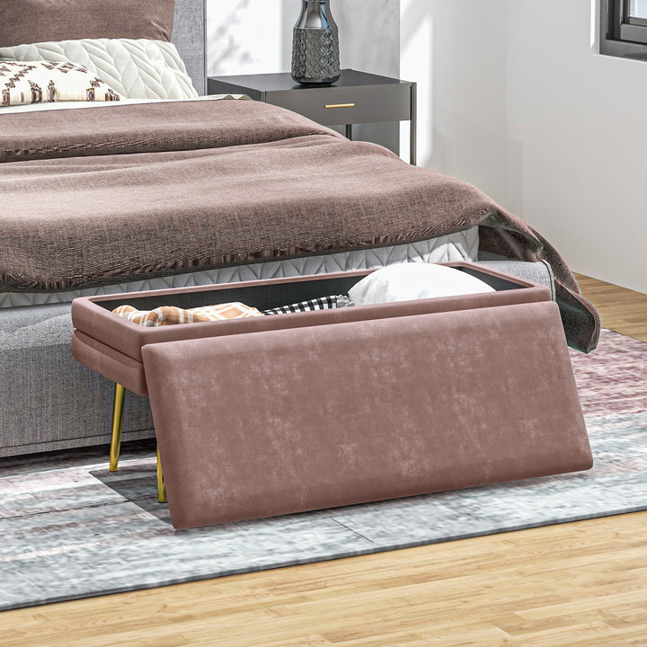 Polstret bænk med opbevaring, stål, 100 x 37,5 x 42 cm, pink