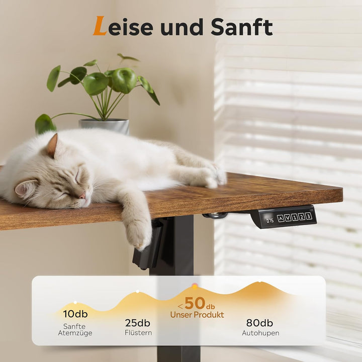 DEVAISE højdejusterbart skrivebord 160×70 cm, støjsvag motor med 3 højdeindstillinger, justeringsområde 72–118 cm, ergonomisk hæve-sænke skrivebord til kontor, brun