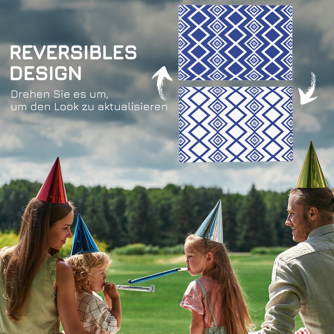 Udendørs tæppe terrassetæppe vejrbestandigt moderne design 182 cm x 274 cm x 0,3 cm blå + hvid