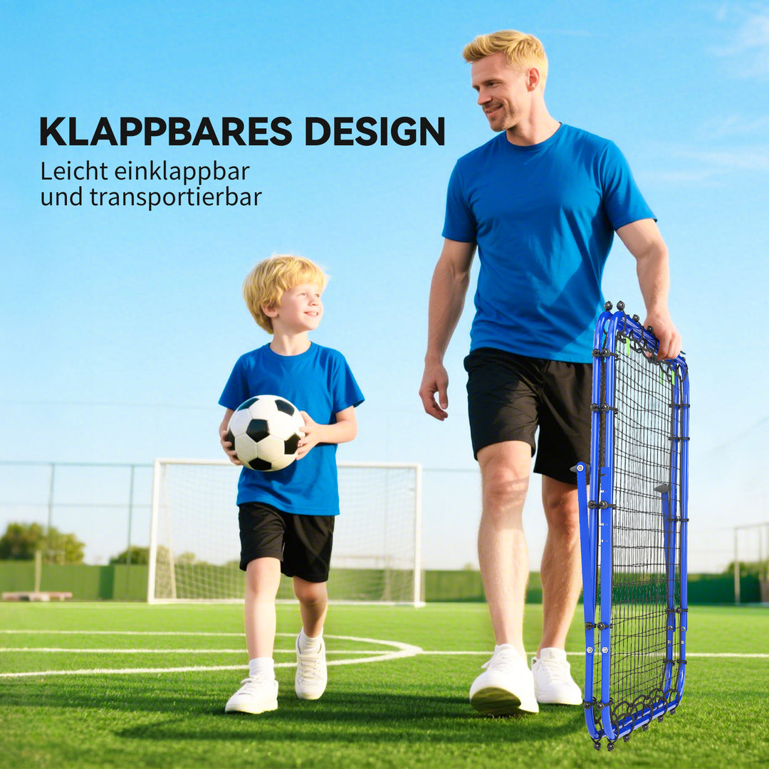 Dobbeltsidet rebounder til fodbold, justerbar reboundvæg med 5 vinkelpositioner, 100 x 68-95 cm kickback-mål til ungdom, reboundvæg til håndboldtræning, blå