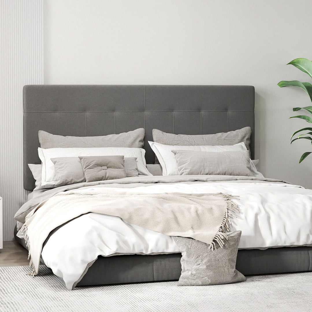 Sengegavl med 3 højdejusteringer, sengegavl med metalben, fløjlslook til soveværelse, 140x10x106/116/126 cm, grå