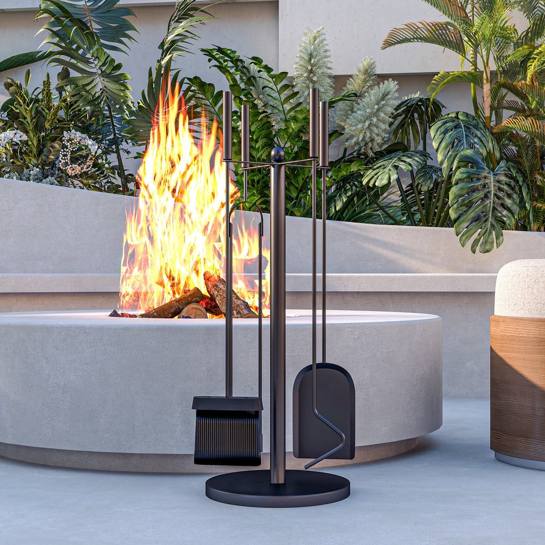 5-Delt pejsværktøjssæt, kost, skovl, tang, ildrager og stativ, brandsikkert metal, sort