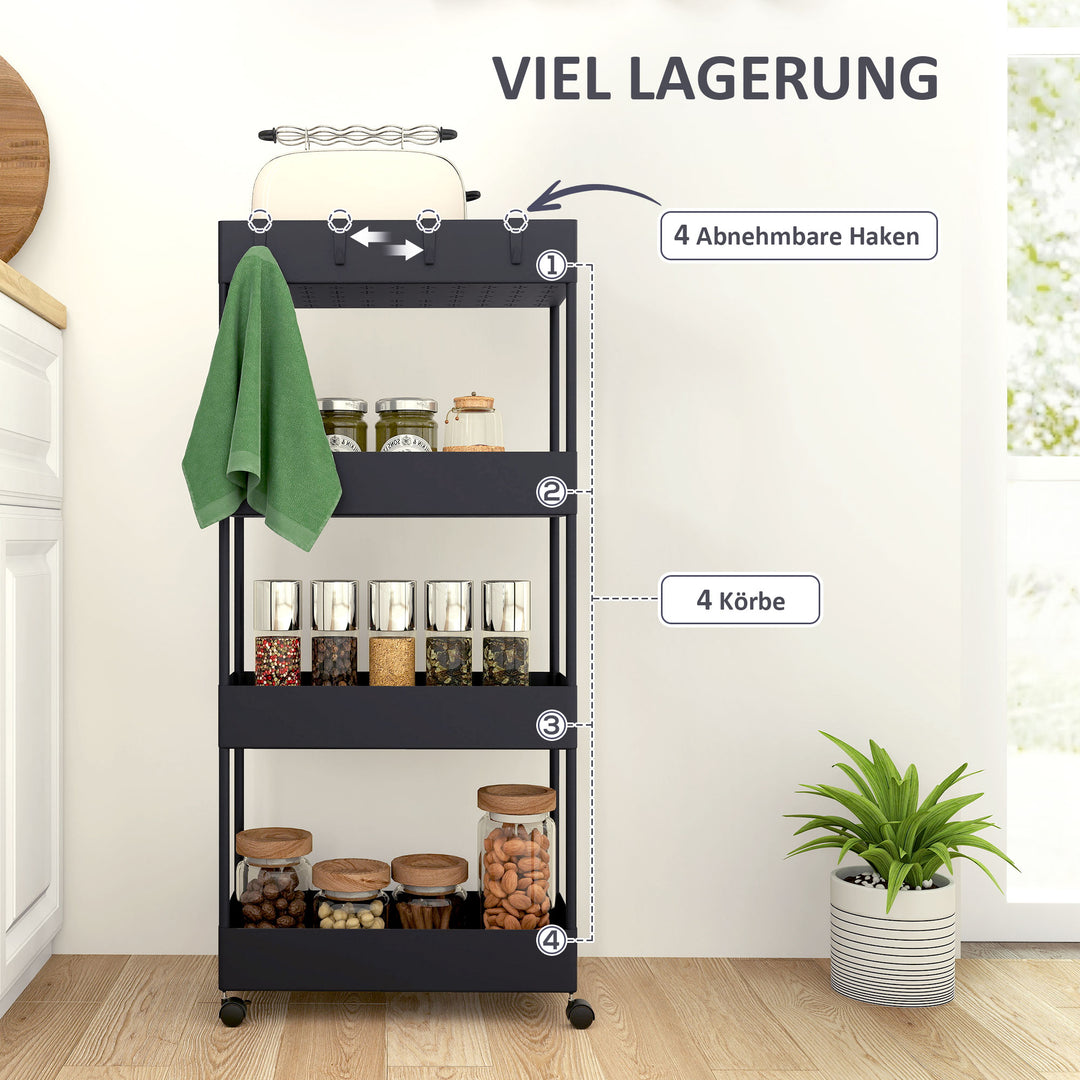 Køkkenvogn med 4 hylder, 4 fleksible kroge, 4 hjul, 40 cm x 19 cm x 90 cm, nichevogn, sort