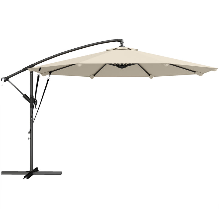 Fritstående parasol ca. Ø300 cm, vipbar, med håndsving, krydsfod, vindreb og beskyttelsesovertræk, cremehvid