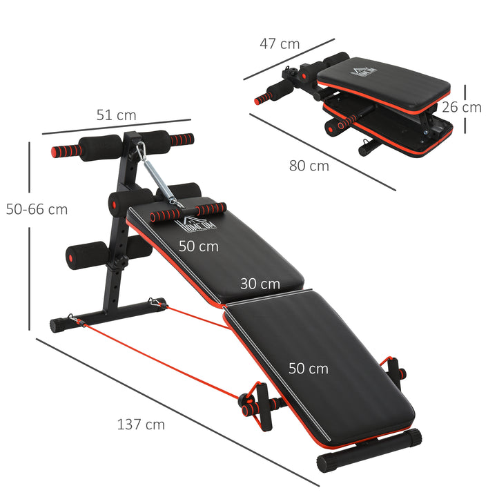 Sit-up bænk, mavetræner med træningsreb, multifunktionel træningsbænk, justerbar og foldbar, 110 kg lasteevne, stål, sort og rød, 137 x 51 x 50-66 cm