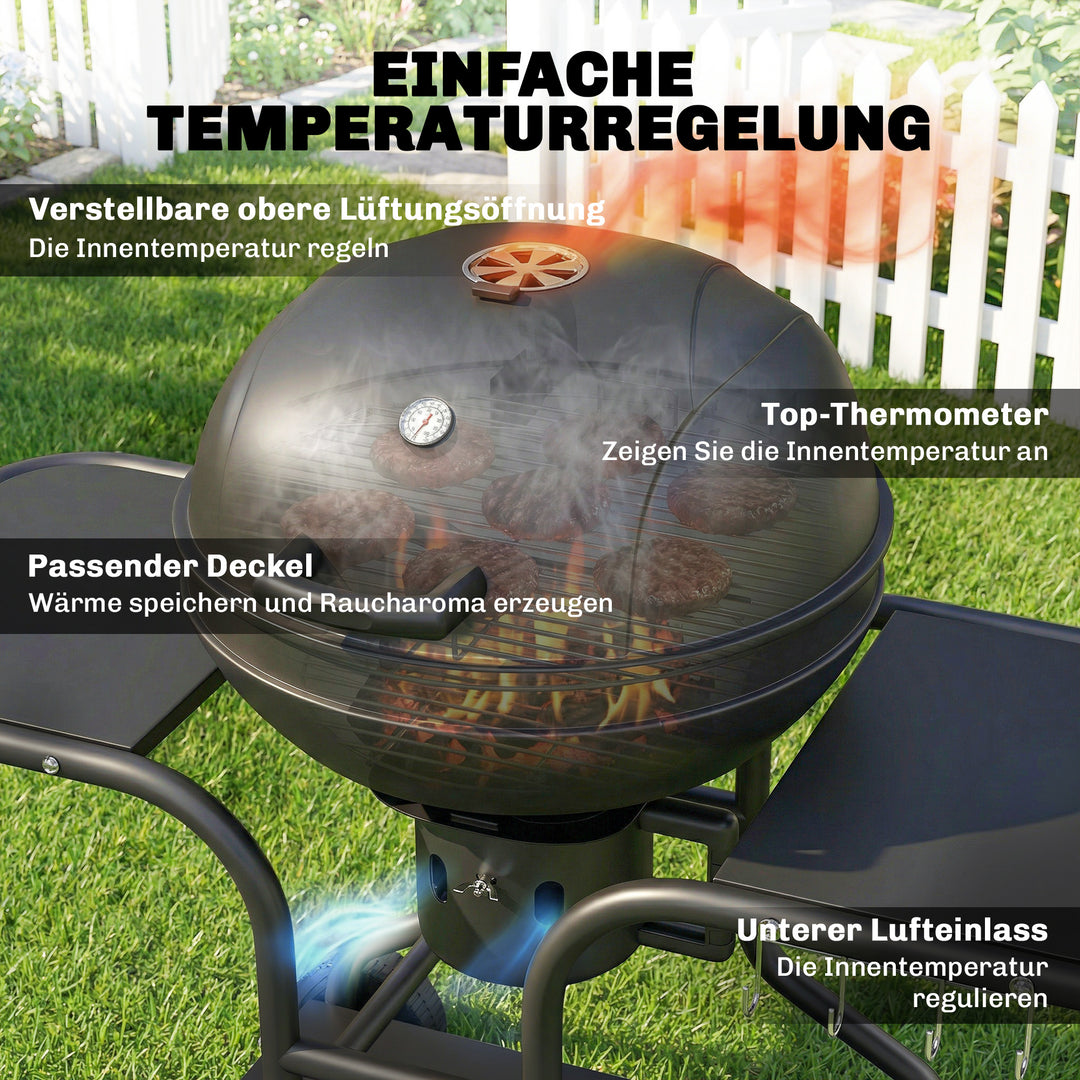 Kulgrill BBQ-ryger med sideborde, låg, termometer og hjul, 129 x 63,5 x 106,5 cm