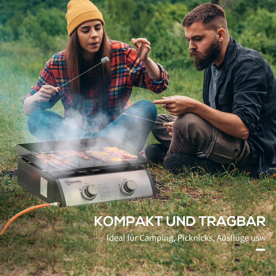 Gasgrill med 2 brændere, slange, non-stick grillplade, rustfrit stål, farve: sølv, 48,5 x 48 x 21 cm