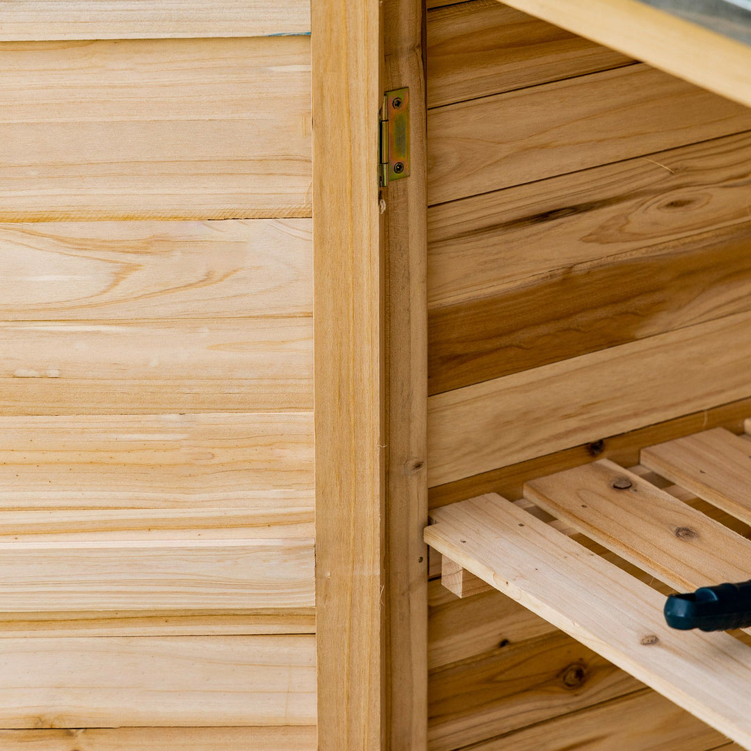 Haveskab med 2 rum, metalbordplade med opretstående plade, naturtræ, 83 x 40 x 92 cm