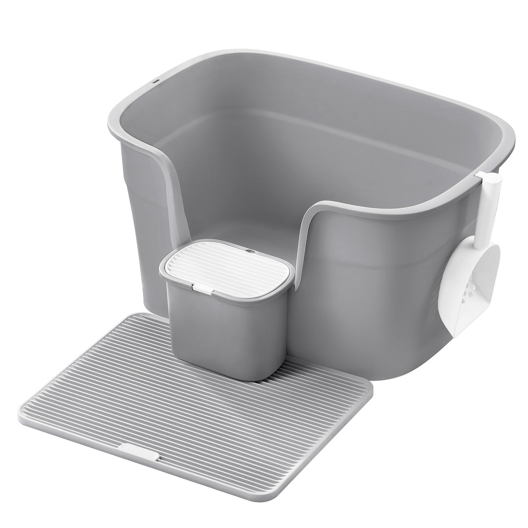 Ekstra stor kattebakke med skjulte sider, inkluderer bakke til opsamling af affald, opbevaringsboks, skovl, grå