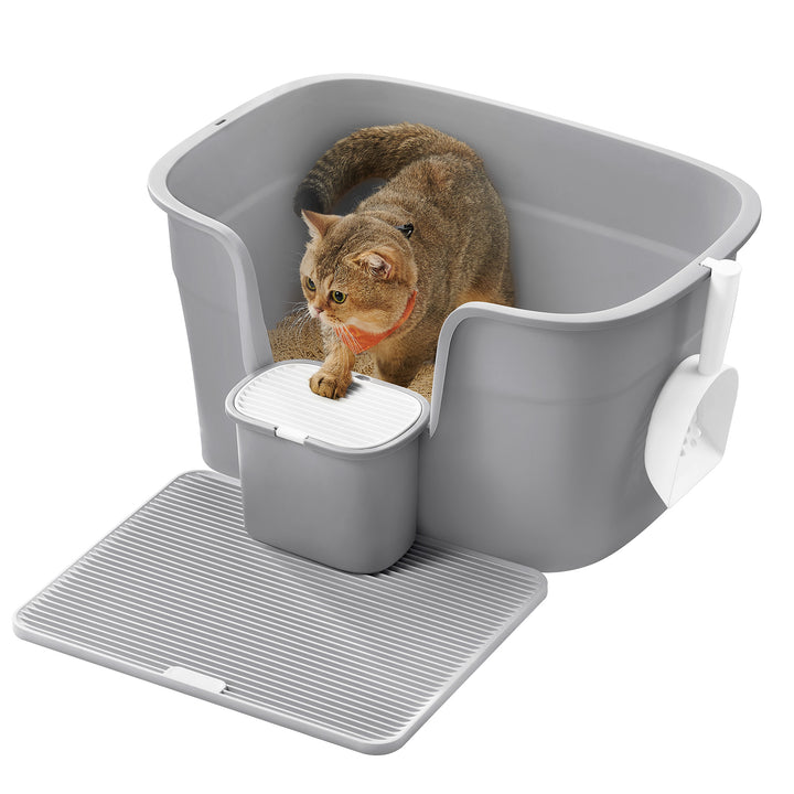 Ekstra stor kattebakke med skjulte sider, inkluderer bakke til opsamling af affald, opbevaringsboks, skovl, grå