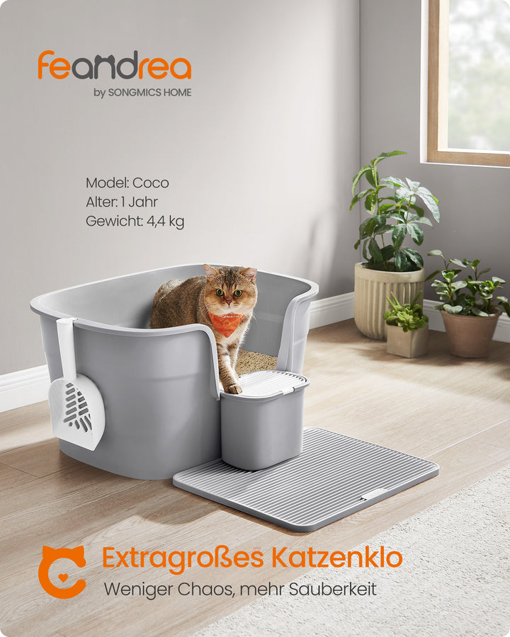 Ekstra stor kattebakke med skjulte sider, inkluderer bakke til opsamling af affald, opbevaringsboks, skovl, grå