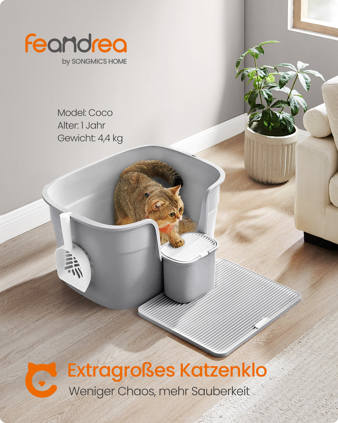 Ekstra stor kattebakke med skjulte sider, inkluderer bakke til opsamling af affald, opbevaringsboks, skovl, grå