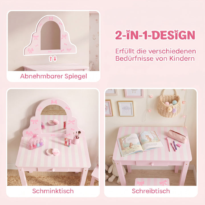 Børne 2-i-1 toiletbordsæt med skammel til piger i alderen 3-6 år, pink