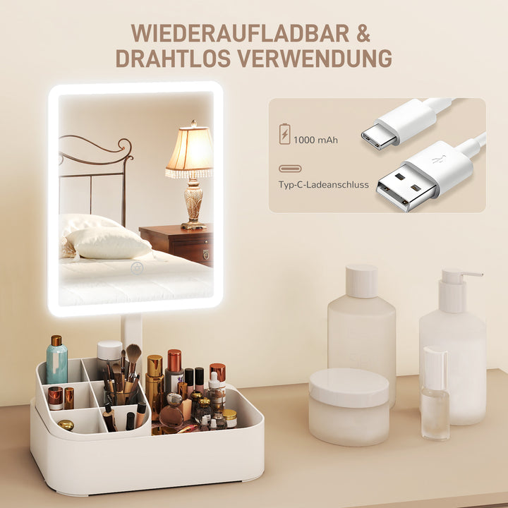 Genopladeligt LED makeupspejl med lys, 180° drejeligt, med 2 lysindstillinger, hvid