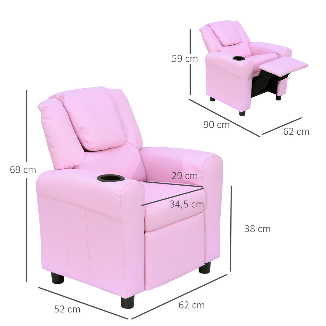 Børnesofa, børnelænestol med fodstøtte, armlæn, kopholdere, justerbar ryglæn, chaiselong, børnesofa, lænestol, børnesofa til 3-6-årige drenge og piger, pink