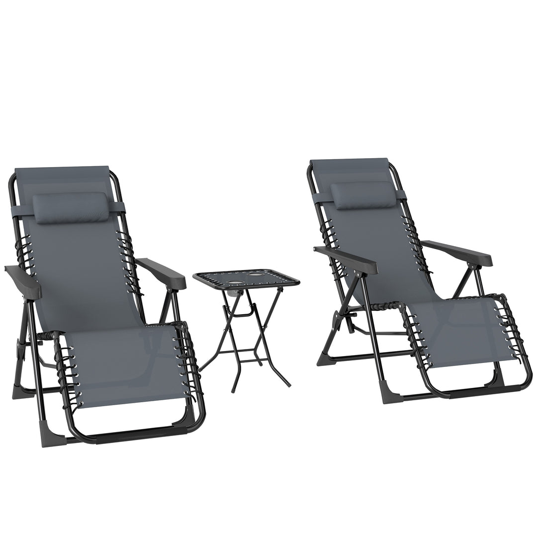 Solsengesæt med 2, foldbar, tyngdeløs liggestol med nakkestøtter, sidebord inklusive 2 kopholdere