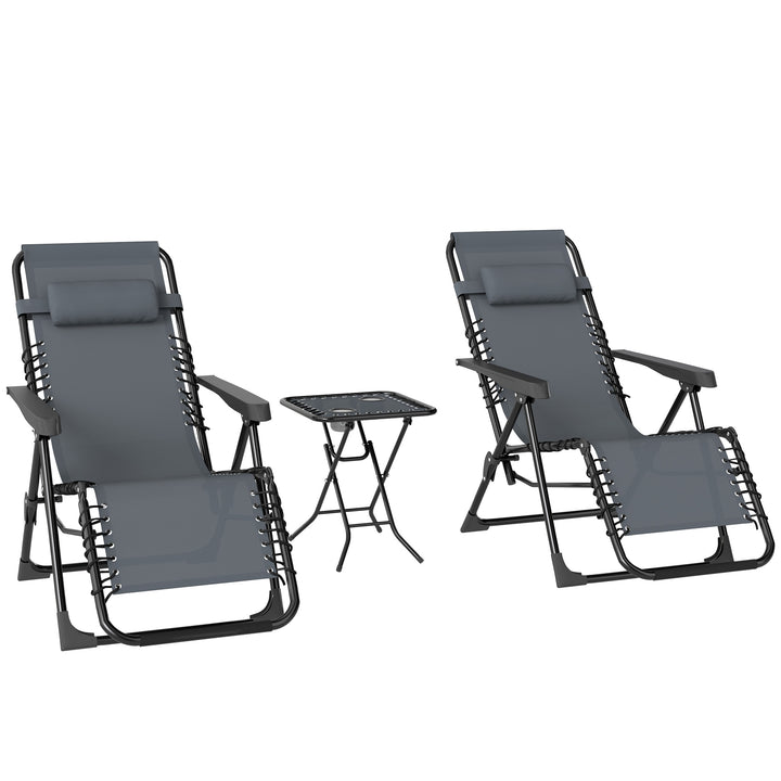 Solsengesæt med 2, foldbar, tyngdeløs liggestol med nakkestøtter, sidebord inklusive 2 kopholdere
