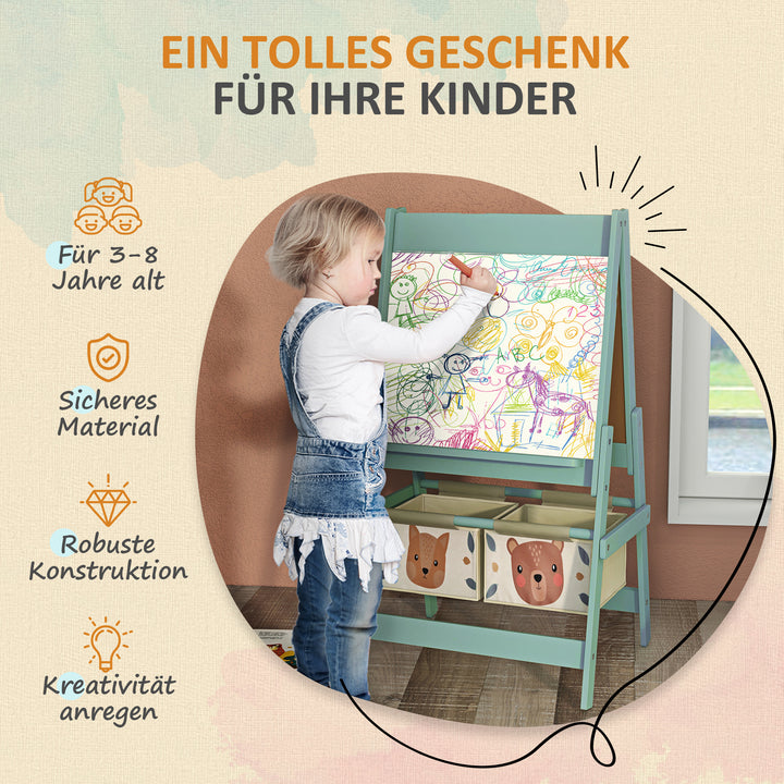 3-i-1 børnestaffeli med papirrulle, tavle, whiteboard, opbevaringskurve, 54 x 46,5 x 93 cm, grøn