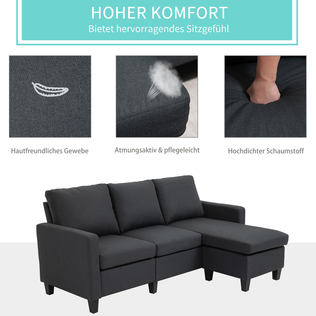Hjørnesofa med sovefunktion, 3-personers sofa og hynder, hjørnesofa, l-formet sofa til stue, soveværelse 197 x 139 x 91 cm, hør, mørkegrå