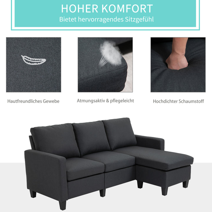 Hjørnesofa med sovefunktion, 3-personers sofa og hynder, hjørnesofa, l-formet sofa til stue, soveværelse 197 x 139 x 91 cm, hør, mørkegrå