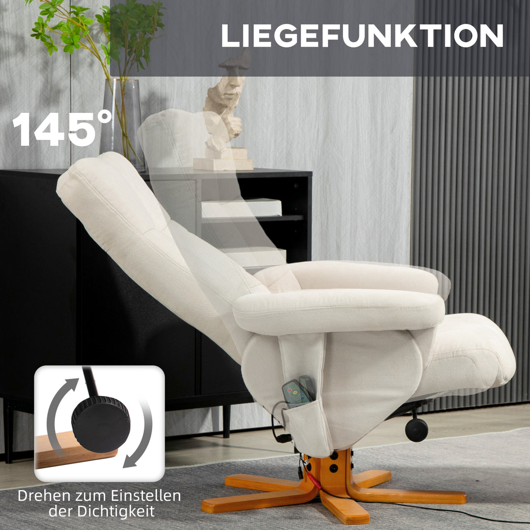 Massagestol med lænefunktion og fodskammel, 145° vipning, polyester, 80 x 86 x 99 cm, cremehvid