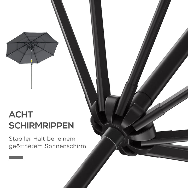 Parasol med 3-lags baldakin håndsving, 8 ribber haveparasol med solbeskyttelse, 260 cm, stål, polyester, mørkegrå